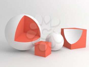 Abstract still life installation with red white geometric shapes over white soft shaded background. Subtract Boolean operation illustration. 3d rendering