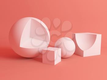 Abstract still life installation with white geometric shapes over pink soft shaded background. Subtract Boolean operation illustration. 3d rendering