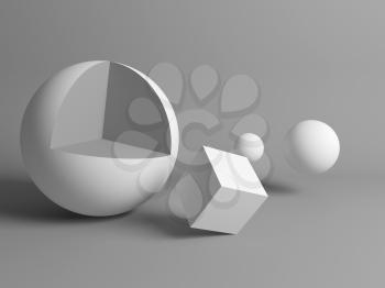 Abstract gray still life installation with white primitive geometric shapes. 3d rendering illustration