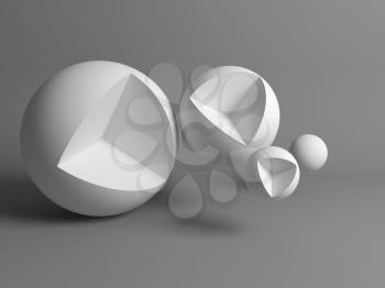 Abstract still life installation, white spheres with cubical cut sectors. 3d rendering illustration