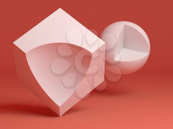 Abstract still life installation. White primitive geometric shapes with cut sectors over red background. 3d rendering illustration