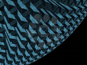Abstract graphic background with round dark blue structure and black copy-space area on right side. Stylized 3d rendering illustration