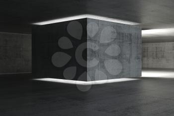 Abstract dark concrete interior background, room with neon illumination, 3d rendering illustration