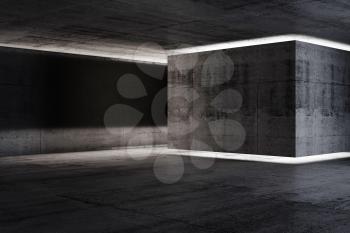 Abstract concrete interior background, dark room with neon illuminated installation, 3d rendering illustration