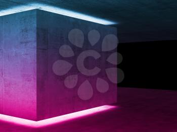 Abstract dark concrete room background, interior with colorful neon illumination, 3d rendering illustration