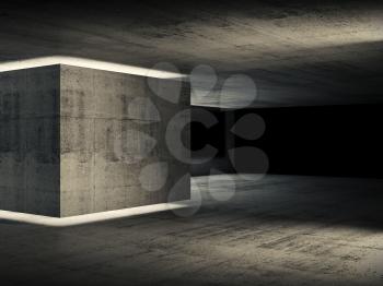 Abstract concrete interior, dark room with neon illuminated box installation and black background, 3d rendering illustration