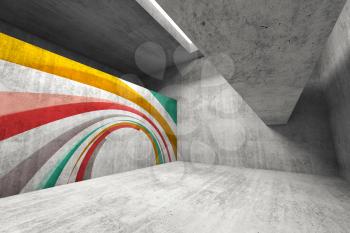 Abstract concrete interior with graffiti installation, 3d rendering illustration