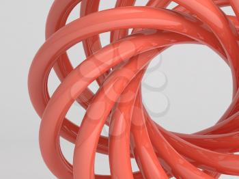 Shiny torus knot fragment. Abstract red object on white background. 3d rendering illustration