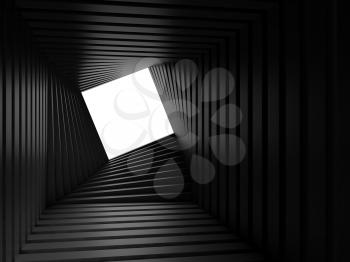 Abstract dark twisted tunnel interior with white square window at the end, parametric geometric background. 3d rendering illustration