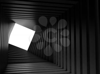 Abstract dark tunnel  background, twisted interior with white square window at the end. 3d rendering illustration