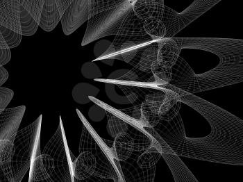 Abstract white parametric round wire-frame mesh structure isolated on black background, 3d rendering illustration