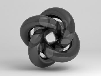 Black shiny torus knot, geometrical representation of parametric surface. Abstract installation on white background. 3d rendering illustration