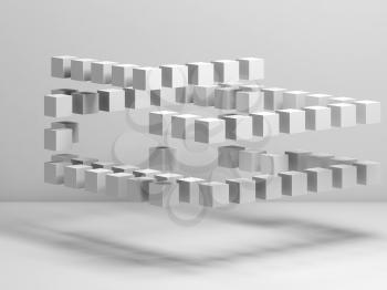 White flying cubes structure in empty room. Abstract cg background, 3d rendering illustration
