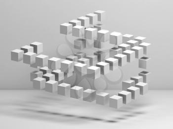 White flying cubes installation in empty white room. Abstract cg background, 3d rendering illustration
