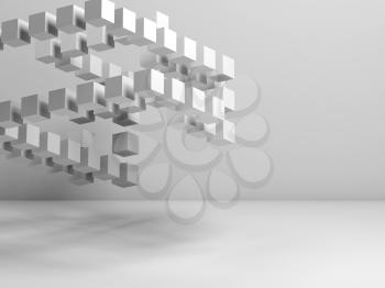 Flying structure of white flying cubes in empty room. Abstract cg background with copy-space area, 3d rendering illustration