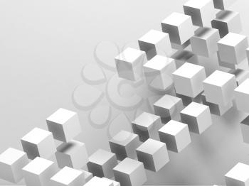White flying cubes structure over white wall. Abstract cg background, 3d rendering illustration