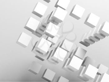 White flying cubes structure. Abstract cg background, 3d rendering illustration