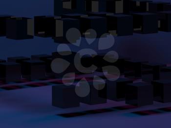 Abstract digital graphic background with black flying cubes installation in dark room. 3d rendering illustration