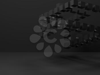 Abstract dark digital background with flying cubes installation in empty room. 3d rendering illustration