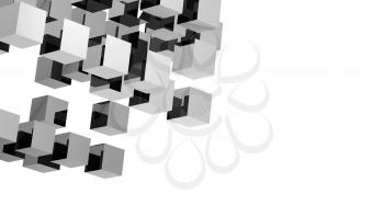 Abstract background with shiny black flying cubes installation isolated on white. 3d rendering illustration