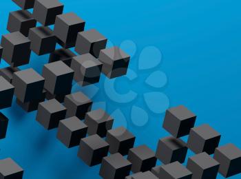 Abstract cg background with black flying cubes installation over blue background. 3d rendering illustration