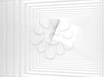 Abstract white tunnel perspective, twisted interior background with white square blank copy space area at the end. 3d rendering illustration