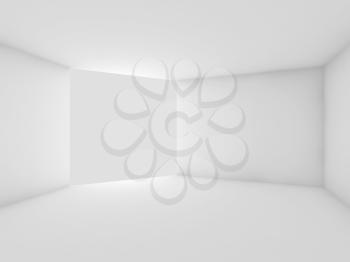 Abstract empty white interior with large illuminated blank banner in the corner, minimal architectural background, 3d rendering illustration