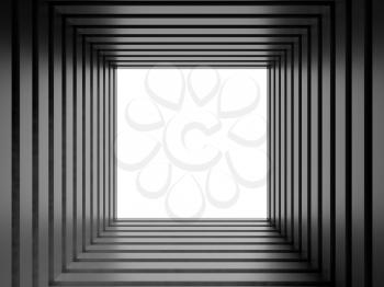 Square empty shiny black tunnel perspective with white glowing end, abstract digital graphic background, 3d rendering illustration