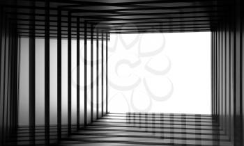 Abstract empty shiny black tunnel with white glowing end, digital graphic background, 3d rendering illustration