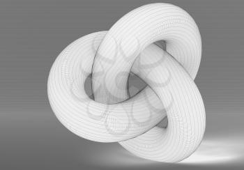 White torus knot with black wire-frame lines, geometrical representation of parametric surface over gray background. 3d rendering illustration