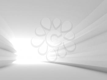 Turning abstract white tunnel with glowing end. Minimal architectural background. 3d rendering illustration