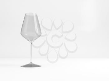 Empty white wine glass with soft shadow stands on a white table over light gray background, 3d rendering illustration