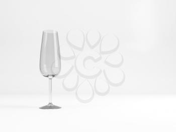 Empty sparkling wine flute glass with soft shadow stands over white background, 3d rendering illustration