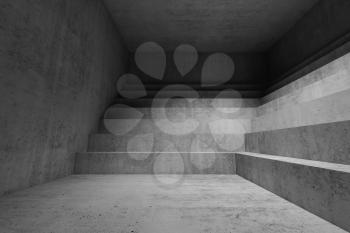 Abstract empty concrete room interior, dark background with staircase podium structure, 3d rendering illustration