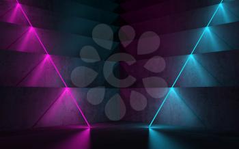 Abstract empty dark concrete interior background with stairs corner and colorful neon lights, 3d rendering illustration