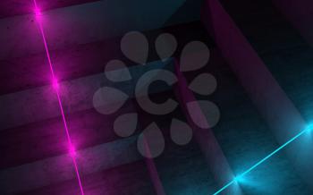 Abstract empty dark concrete interior background with stairs and colorful neon lights, 3d rendering illustration