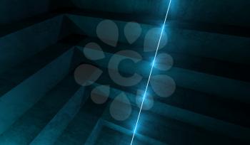 Abstract empty dark concrete interior background with stairs and blue neon light, 3d rendering illustration