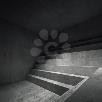 Abstract dark concrete interior, square background with staircase podium, 3d rendering illustration