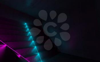 Abstract empty dark concrete interior background with colorful neon lights going over a stairway, 3d rendering illustration