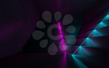 Abstract empty dark interior with concrete stairs and colorful neon lights,  digital graphic background, 3d rendering illustration