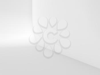 Abstract white empty studio background, blank interior fragment with rounded connection between wall and floor. 3d rendering illustration
