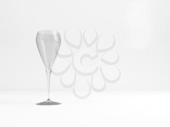 Empty sparkling wine tulip glass with soft shadow stands over white background, 3d rendering illustration