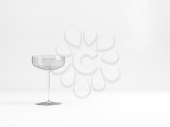 Empty vintage sparkling wine flute glass with soft shadow stands over white background, 3d rendering illustration