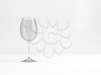 An empty standard white wine glass stands over white background with soft shadow , 3d rendering illustration