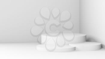 White empty podium stands in an abstract interior, minimal installation, mixed media, 3d render illustration
