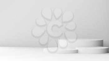 White podium is in an empty abstract interior, minimal design installation, 3d render illustration