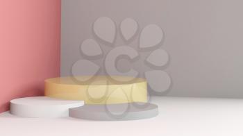 Cylindrical podium in an empty abstract interior, minimal design installation, 3d rendering illustration