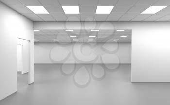 Wide open space room, an empty office interior background, 3d rendering illustration