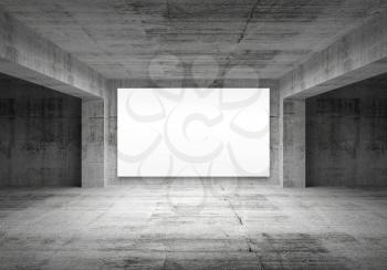 Empty concrete room interior perspective with blank white screen on a front wall. 3d rendering illustration