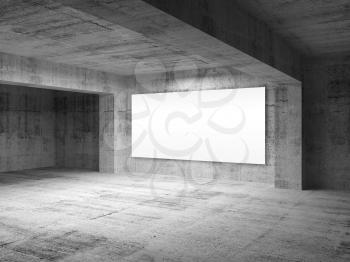 Empty concrete room interior with blank white screen on a wall. 3d rendering illustration